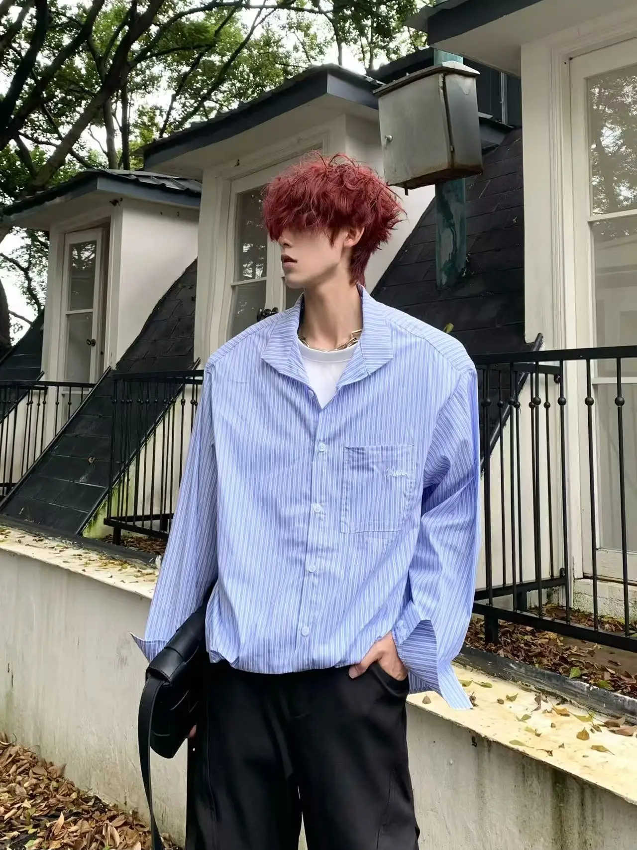 

Мужская повседневная рубашка HANY в полоску, синяя, с длинным рукавом, свободного кроя, из комфортной хлопково-полиэстеровой смеси, молодежная мода, осень-весна