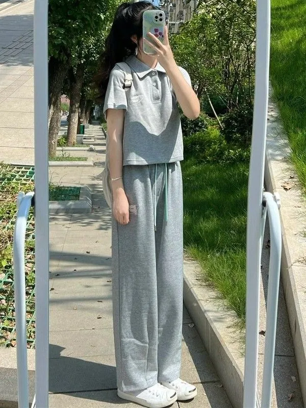 

Summer Fashion Sportswear Set Women's New Collar Short Sleeve Wide Leg Pants Two Piece Set High Waist Long Pants Casual