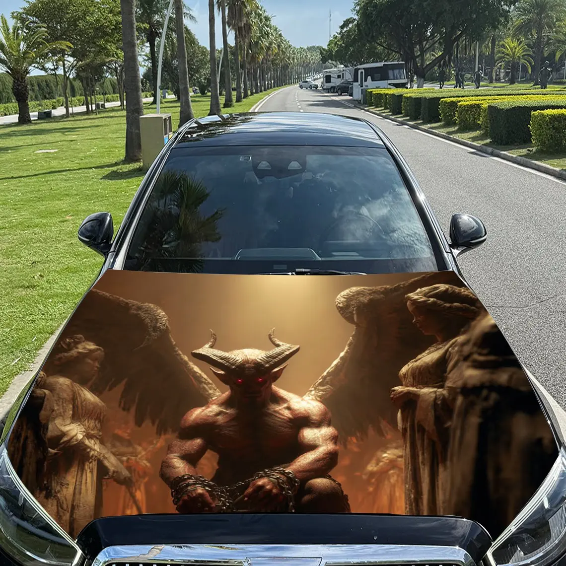Chain Winged Devil Pattern Vinyl Car Hood Film-UV Resistant, Easy To Apply Decorative Stickers, Suitable For Trucks And SUVs-dur