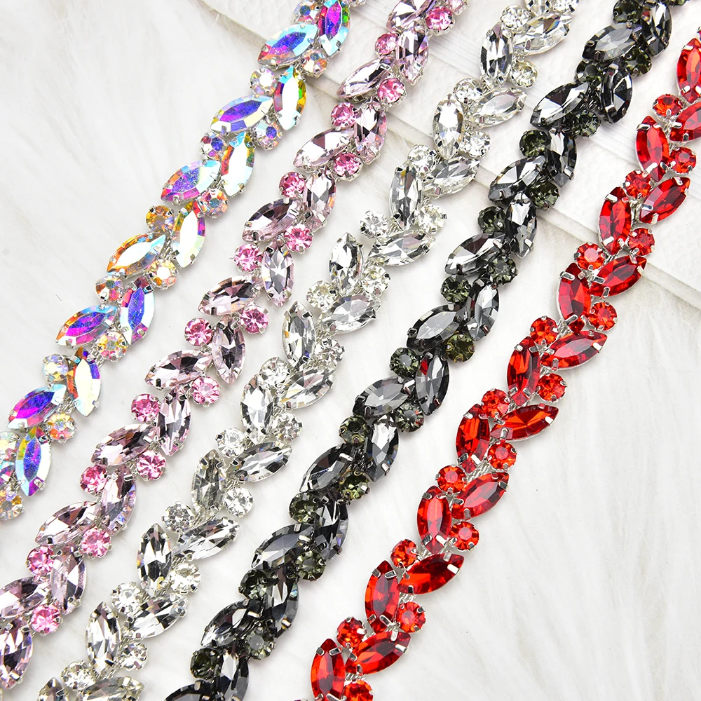 AB Crystal Leaf Trim Diamond Glass Horse Eye Rhinestone Cup Chain Decorative Ribbon Applique Sew on Clothes Shoes Accessories