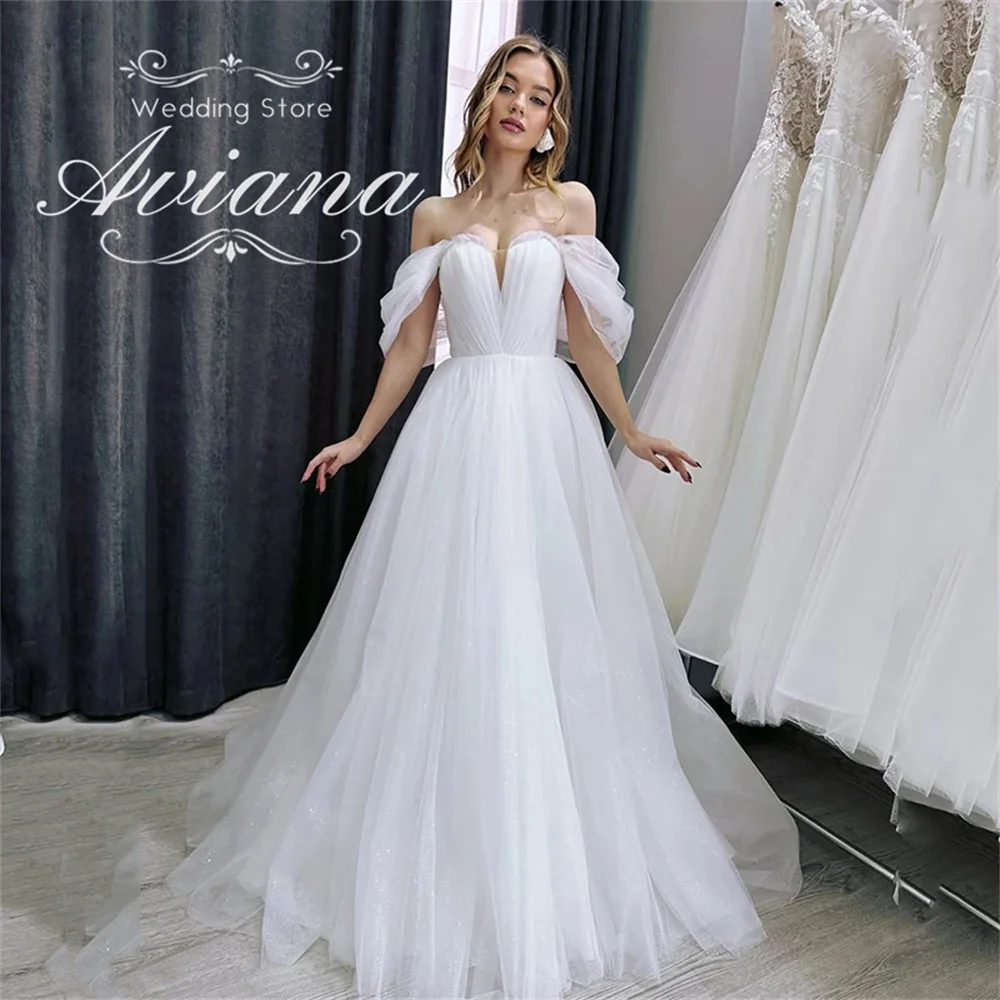 

Customized Aviana Off The Shoulder Puffy Sleeves Deep V-Neck Tulle Ball Gown Wedding Dress Long Train Bridal Gown Simple Newest