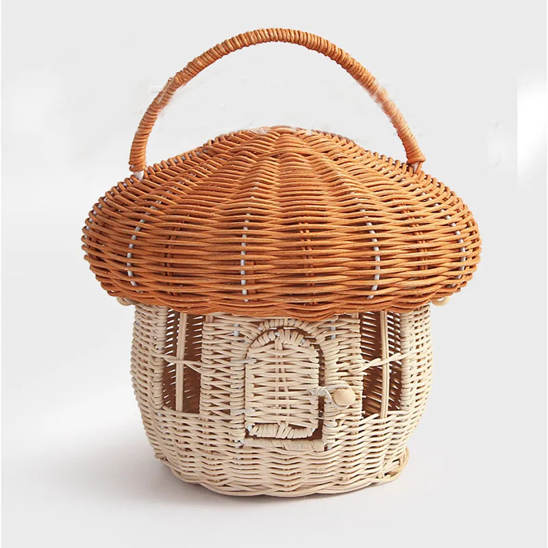 Cute Mushroom House Storage Basket Handwoven Rattan Sundries Organizer Box with Handle Photography Props for Kids Children Gift