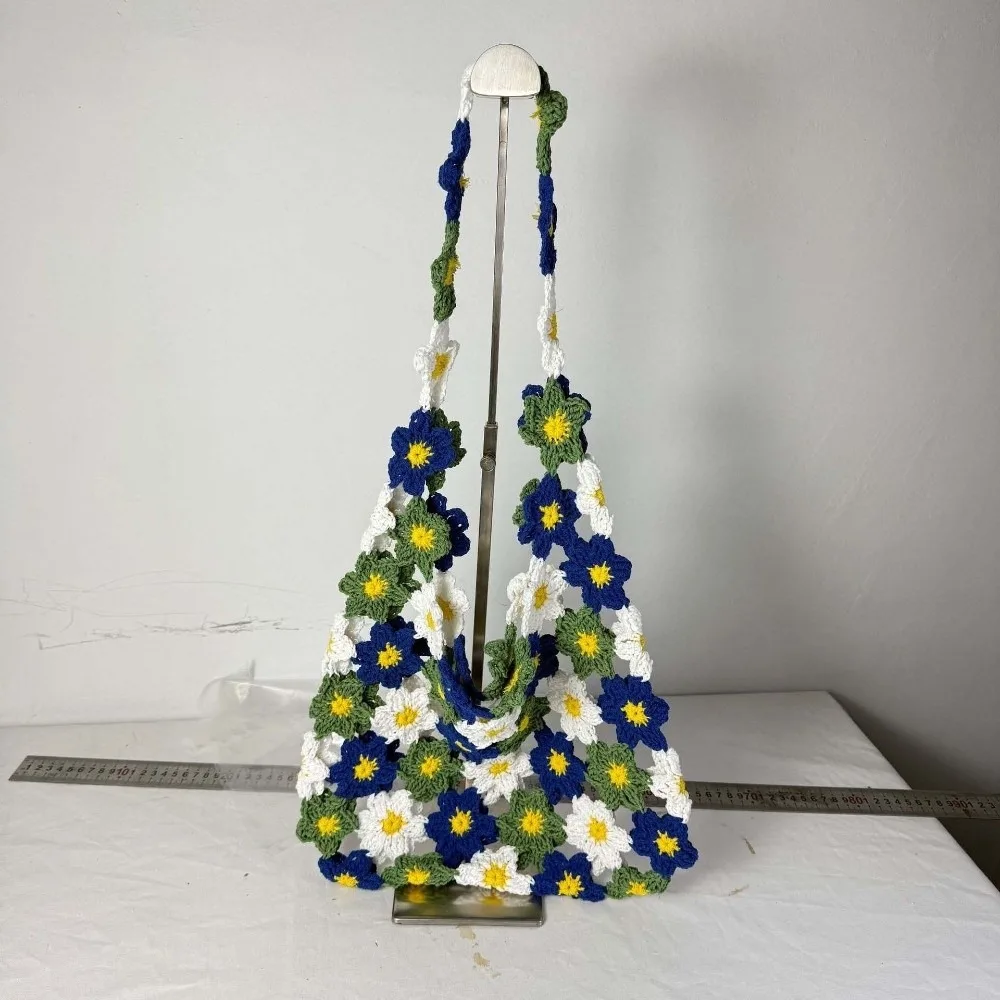 Large Capacity Crochet Floral Tote Eco-Friendly Cotton Hollow-Out Texture Hand-Knitted Hobo Bag Drawstring Inner Liner