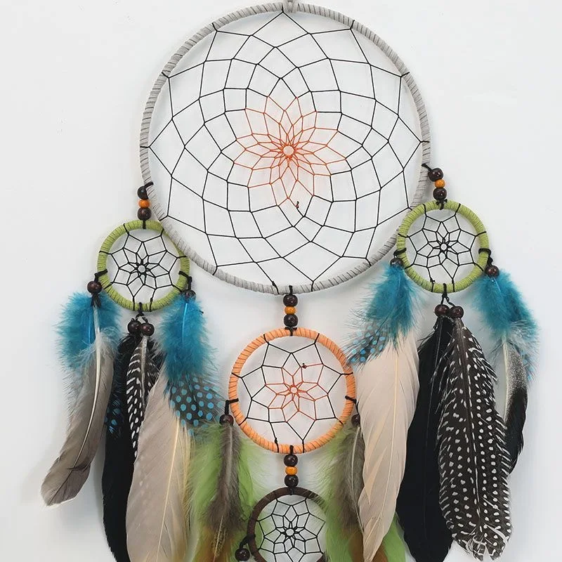 Vintage Multi-Circle Feather Dreamcatcher Wall Hanging Ornament Handmade Woven Hemp Rope Home Wall Decoration.