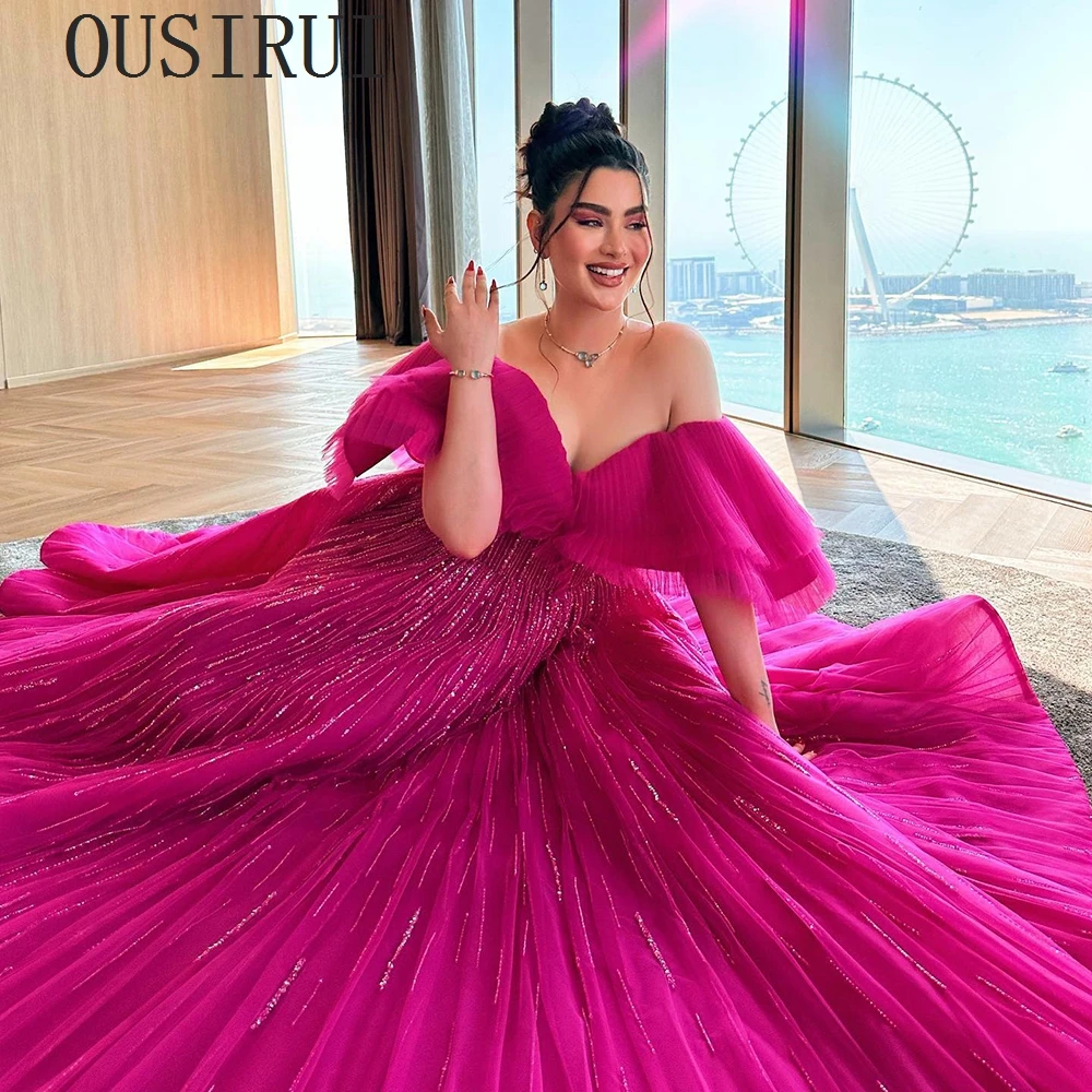 

OUSIRUI Luxury Dubai Ball Gown Fuchsia Evening Dress for Women Wedding 2024 Host New Off Shoulder Arabic Celebrity Party Gowns