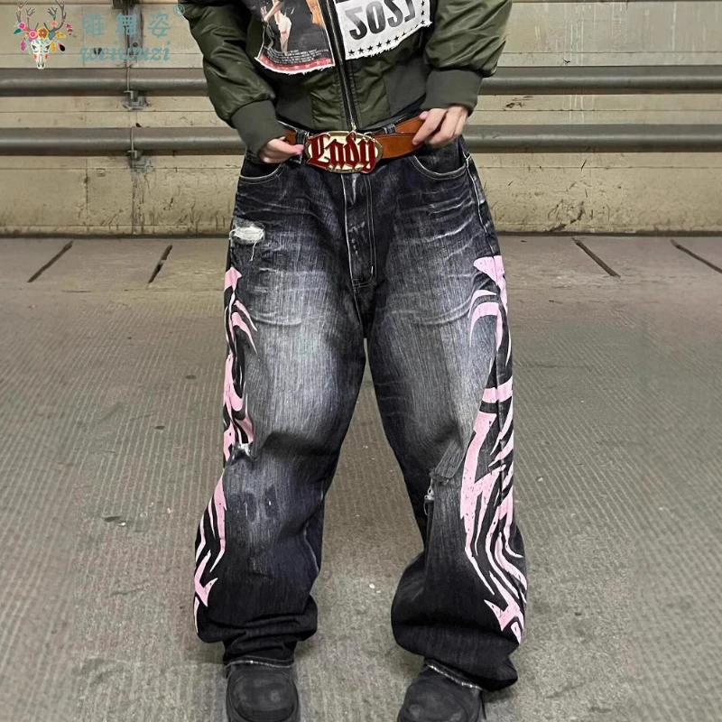 

Y2K Baggy Women's Jeans Retro Harajuku Denim Pants Distressed Ripped Wide Leg Cropped Pants Rock Hip Hop Printed Pattern Jeans