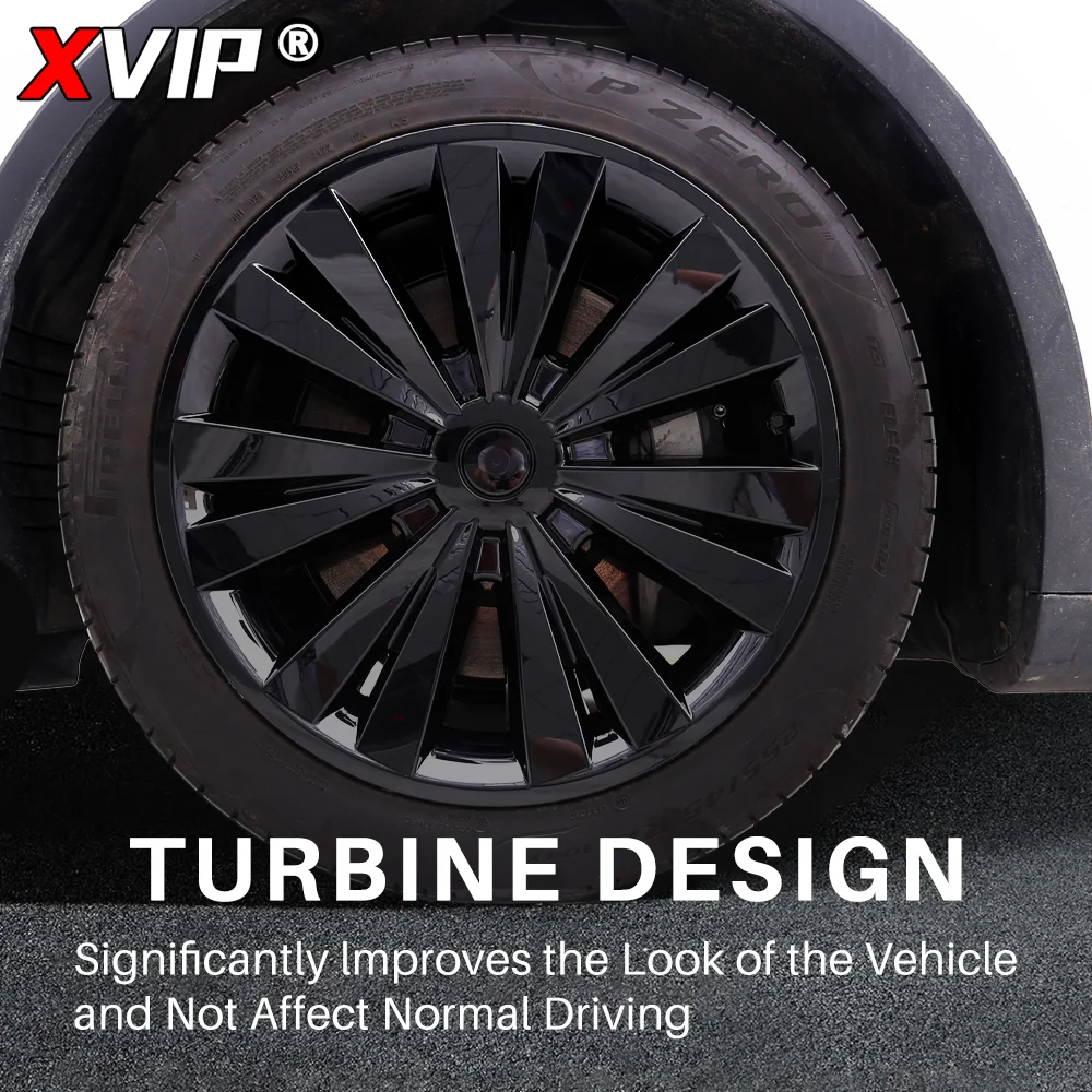 XVIP ABS 19\'\' Thunder Style HubCaps Glossy Black Performance Wheel Full Rim Covers Replacement Accessory For Tesla Model Y 21-23