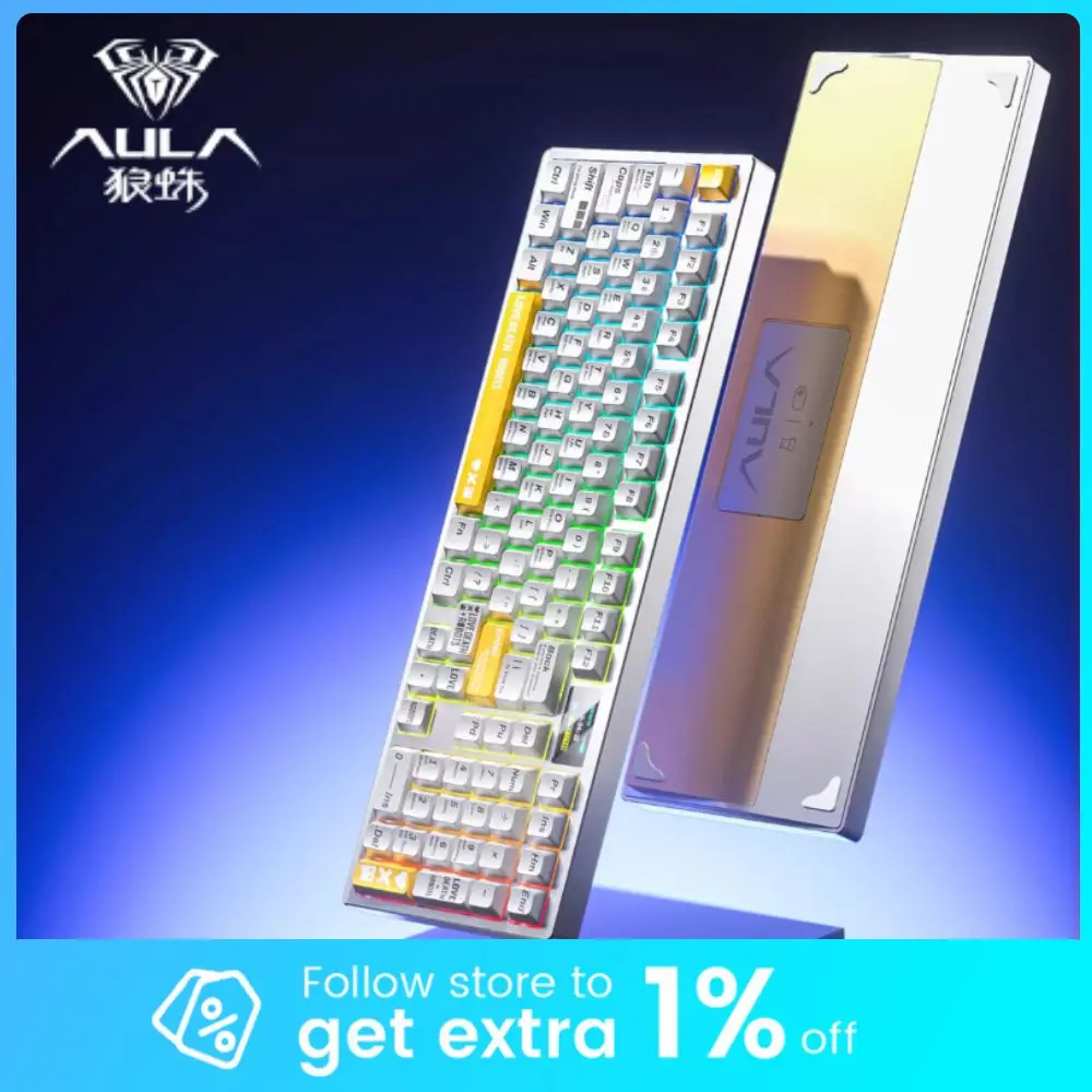 

AULA Fire100 Mechanical Keyboard 3Mode Aluminum Alloy Gaming Keyboard 8000mAh Gasket RGB Hot Swap Gamer Accessory With Screen