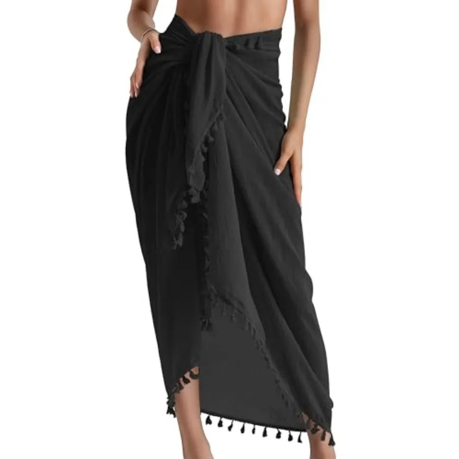 

Eicolorte Beach Sarong Pareo Womens Semi-Sheer Swimwear Cover Ups Short Skirt with Tassels