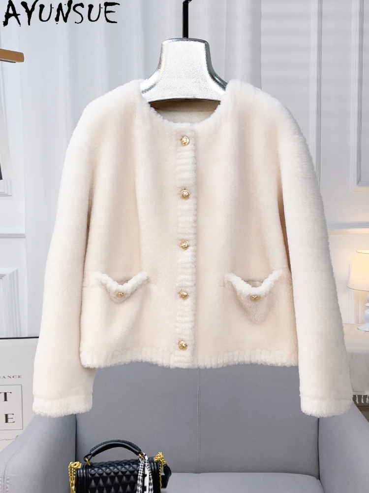 سترة نسائية من الصوف الطبيعي 100% من AYUNSUE لخريف وشتاء 2025 سترة أنيقة من الفرو ملابس نسائية ملابس خارجية قصيرة Abrigo Mujer