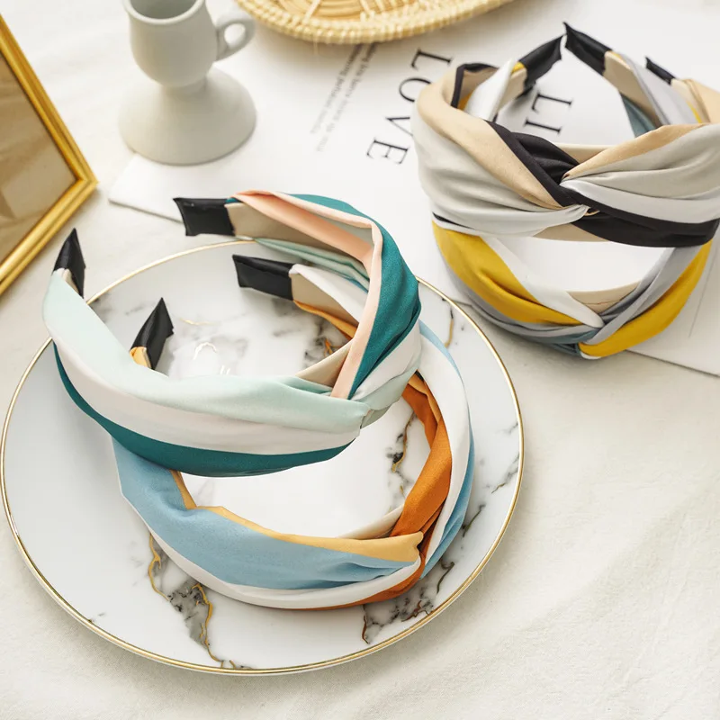 

New Arrival Japan Korea Style Cross Wide Headband Color Block Fabric Wide Edge Fashion Versatile Knot Hair Hoop for Women