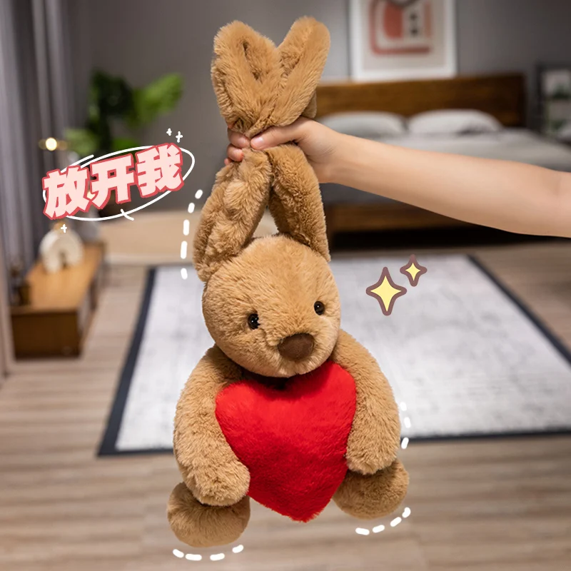 Kawaii 고품질 심장 토끼 봉제 인형을 잡아 여자를위한 귀여운 부드러운 흰색 갈색 긴 귀 토끼 플러시 장난감 생일 선물
