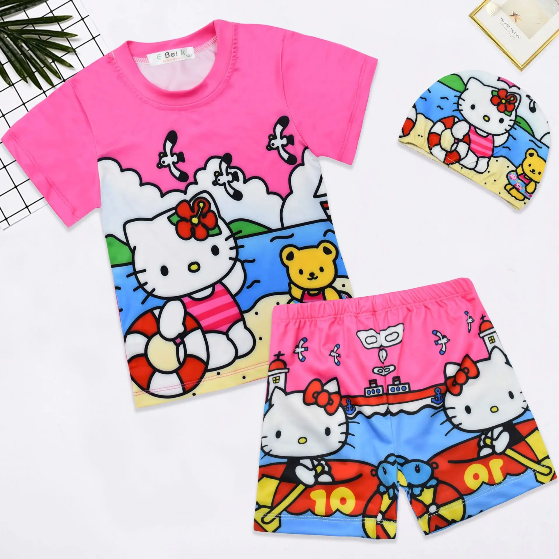 Sanrios Hellokittys Kid Beach Wear Three-Piece Set Cartoon Cute Quick-Drying Girl Swimsuit Digitally Printed Hot Spring Swimsuit