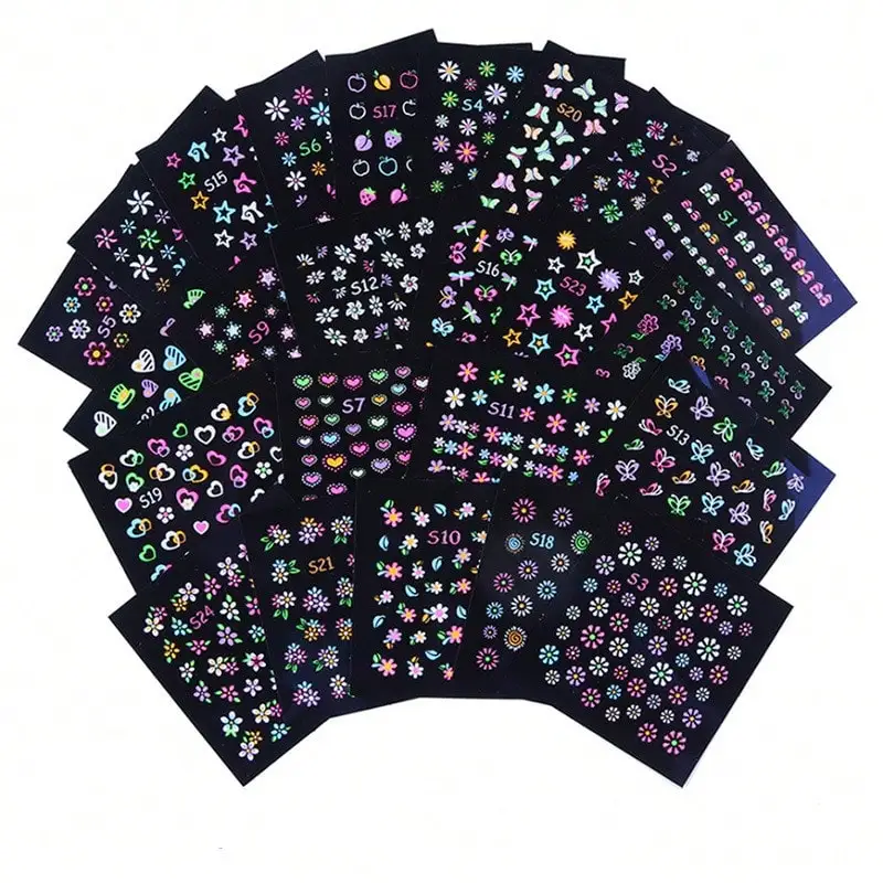 Glow in The Dark Neon Nail Stickers Glittery Glossy Self-Adhesive Nail Art Stickers Butterfly Love Heart Flower Nail Art Decor