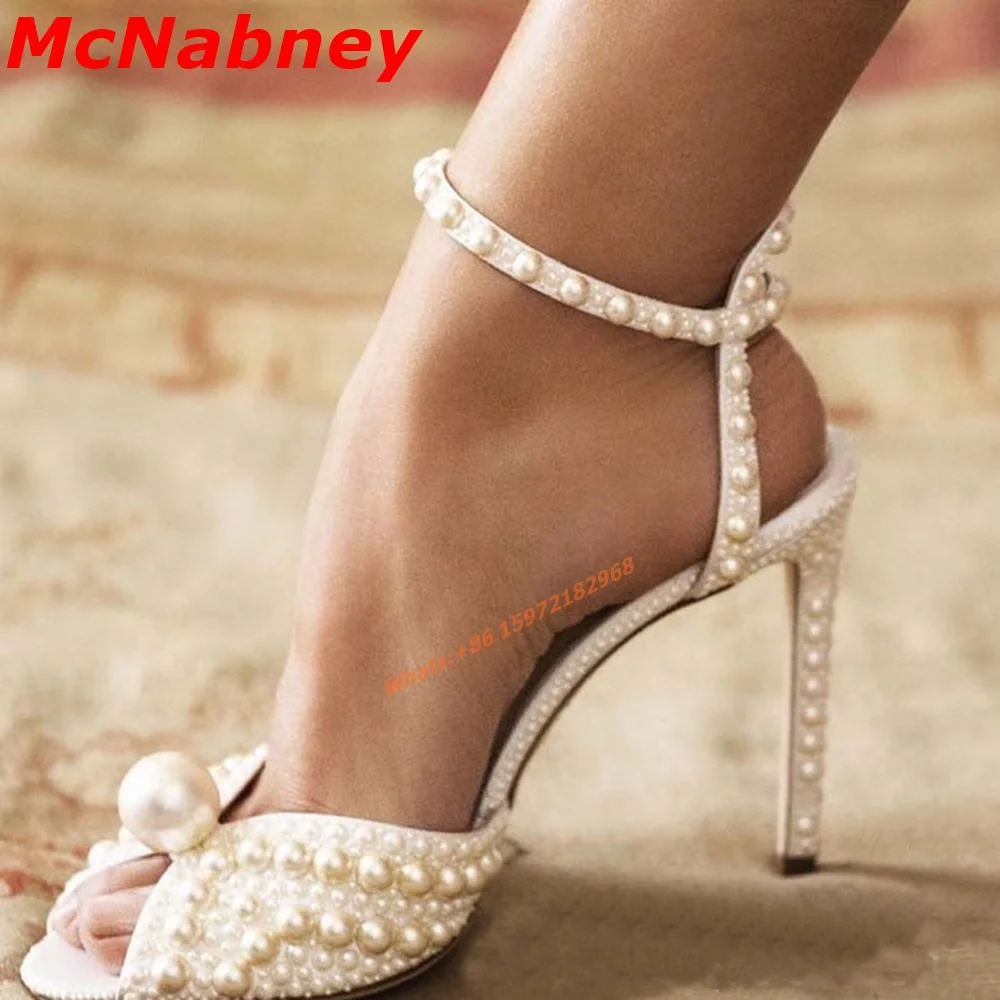 New Style Pearl Sandals Peep Toe Handmade Solid Milk White Women Shoes Ankle Buckles Straps Thin High Heel Wedding Sandals