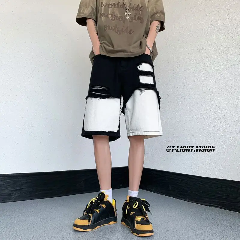 Black and White Spliced ripped Denim Shorts Men's American High Street Pants Irregular Design Straight Five-point Pants