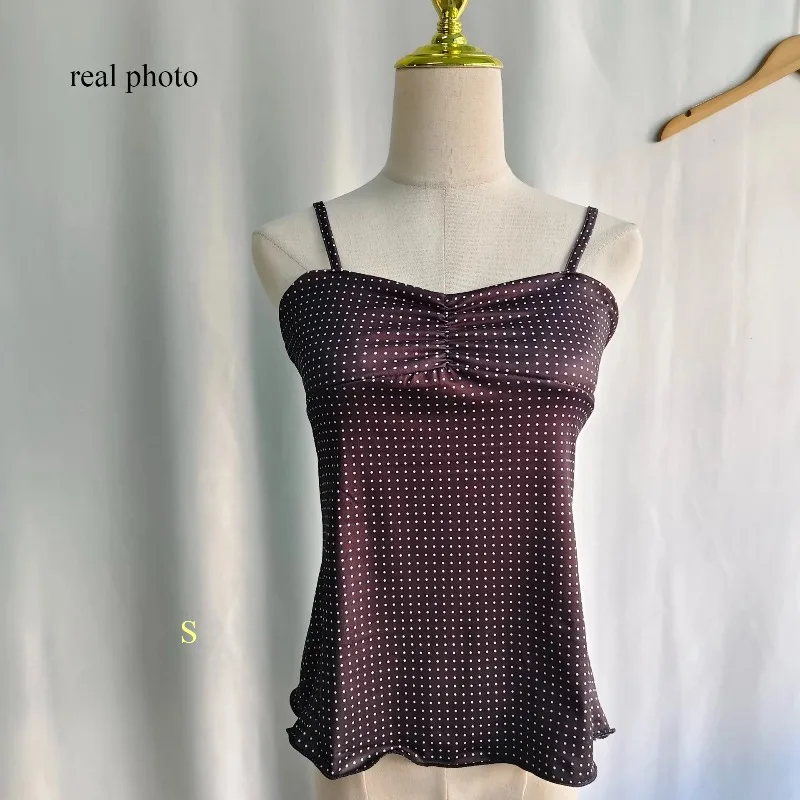 Kimotimo Vintage Polka Dot Camisole Vest Women Summer Folds Sleeveless Y2k Crop Top Sweet Spicy Girl Slim Fit Outerwear Tanks