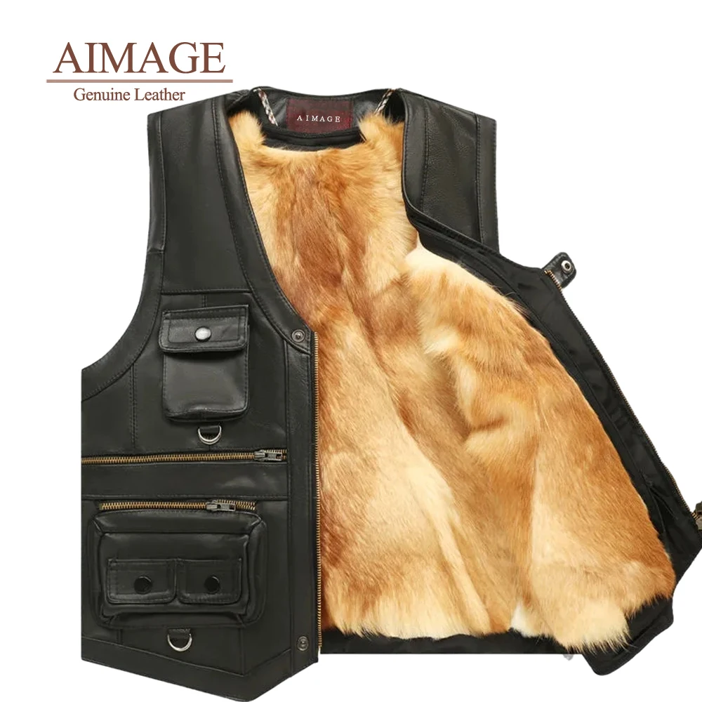 natural Men fur leather coat winter Cowhide Genuine Vest Motorcycle Mens Fit Real Brown Cow Leather Waistcoat Bikers