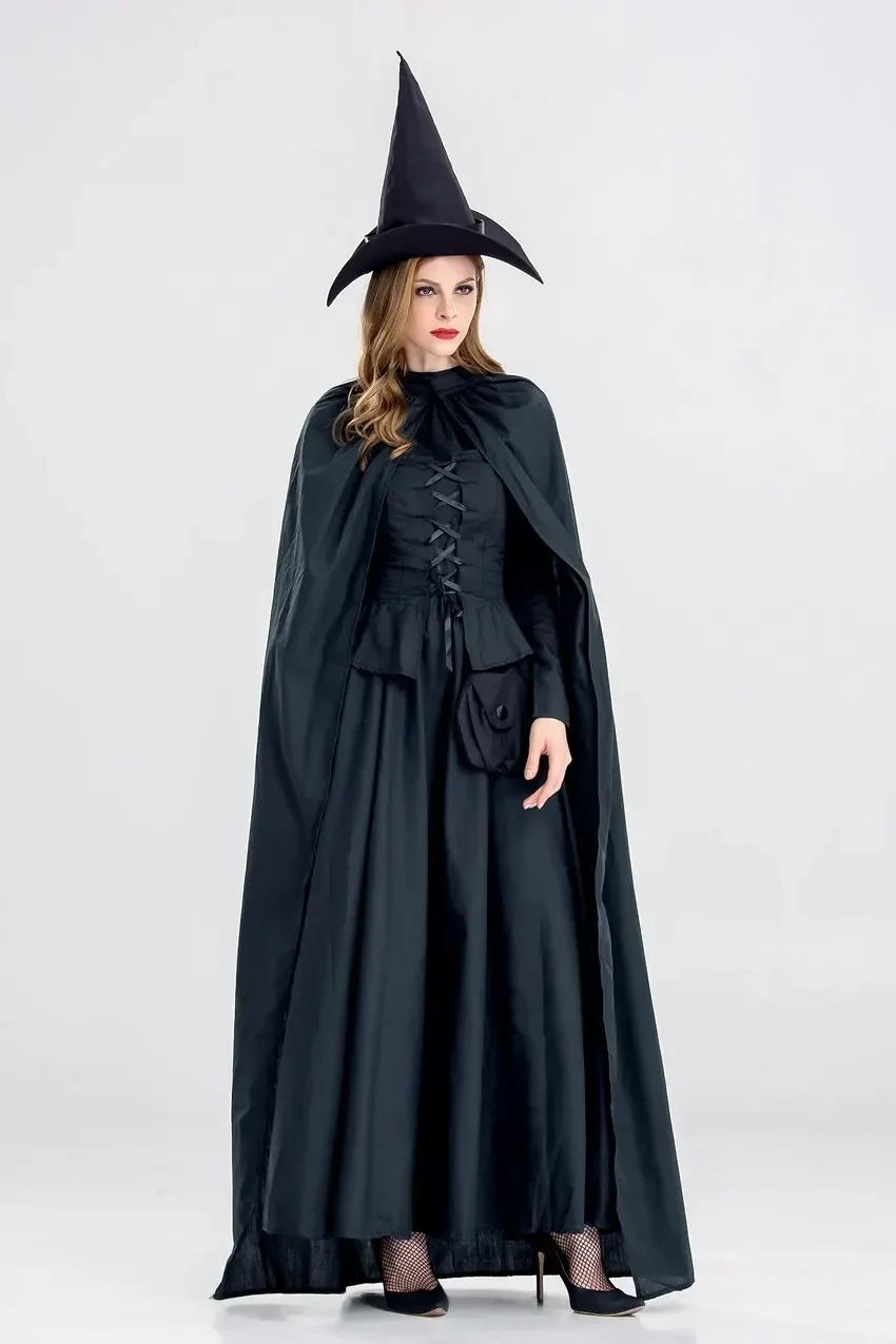 Volwassen Vrouwen Halloween Heks Gothic Kostuum Lange Gewaad Jurk Zwart Cosplay Vintage Mantel Fancy Outfit