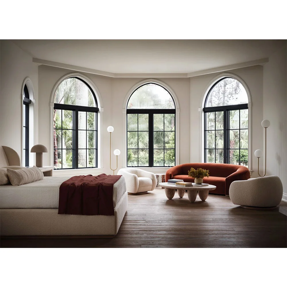 Finestra a battente con manovella ad arco in alluminio, decorazione domestica a doppio vetro