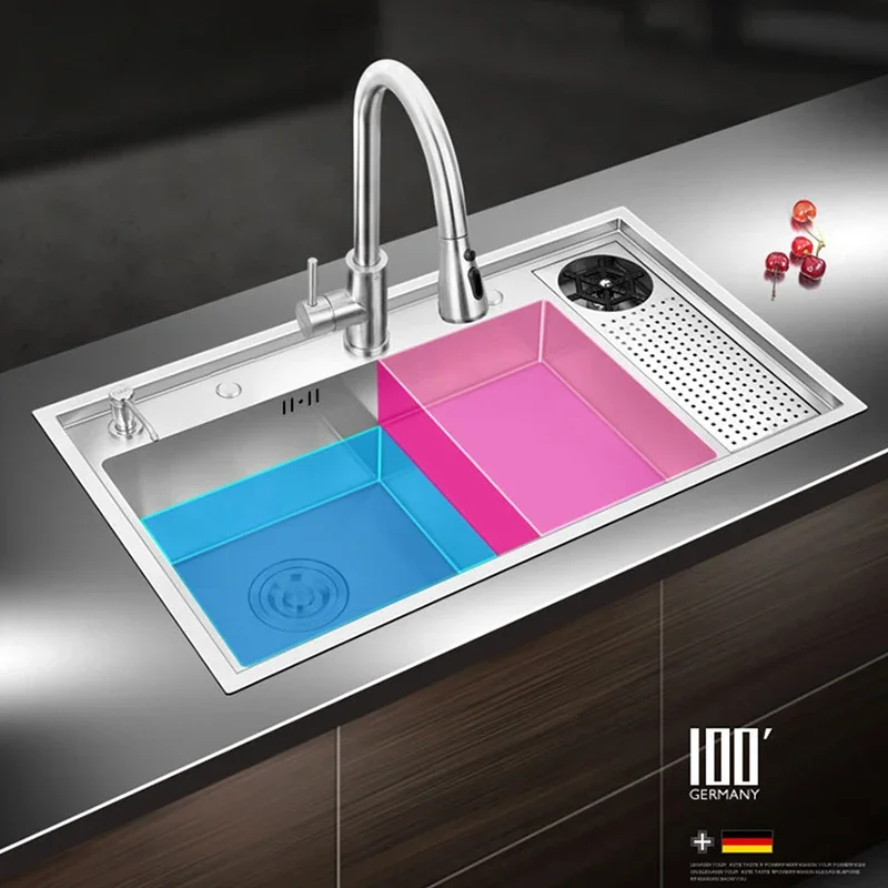 Large Size Kitchen Sink 304 Stainless Steel Cup Rinser Stepped Sink Handmade Brushed Single Kitchen Cup Rinser Stepped Sinks