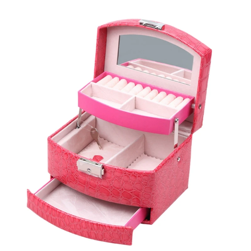 

Коробка для хранения ювелирных изделий 3-слойная искусственная кожа Кольцо Серьги Коробка для хранения ювелирных изделий Дисплей Коробка для ювелирных изделий Упаковка Подарочная коробка Розово-красная
