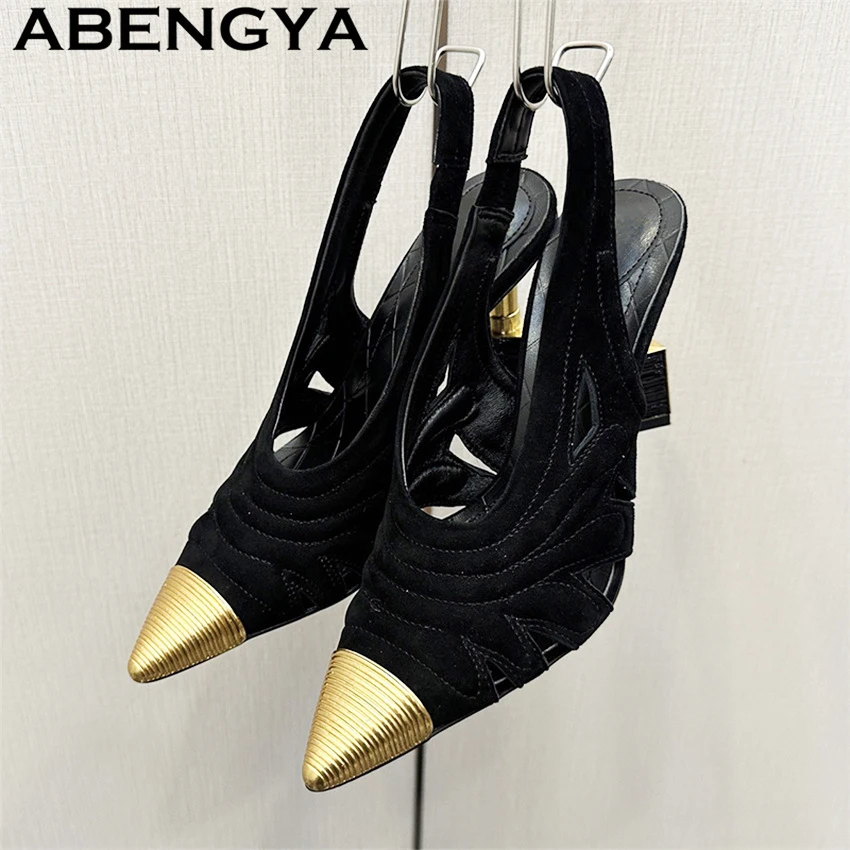 

Metal Pointed Toe High Heels Sandals Women Multi-color Velvet Hollow Out Gladiator Sandals Summer Sexy Dress Party Shoes Women