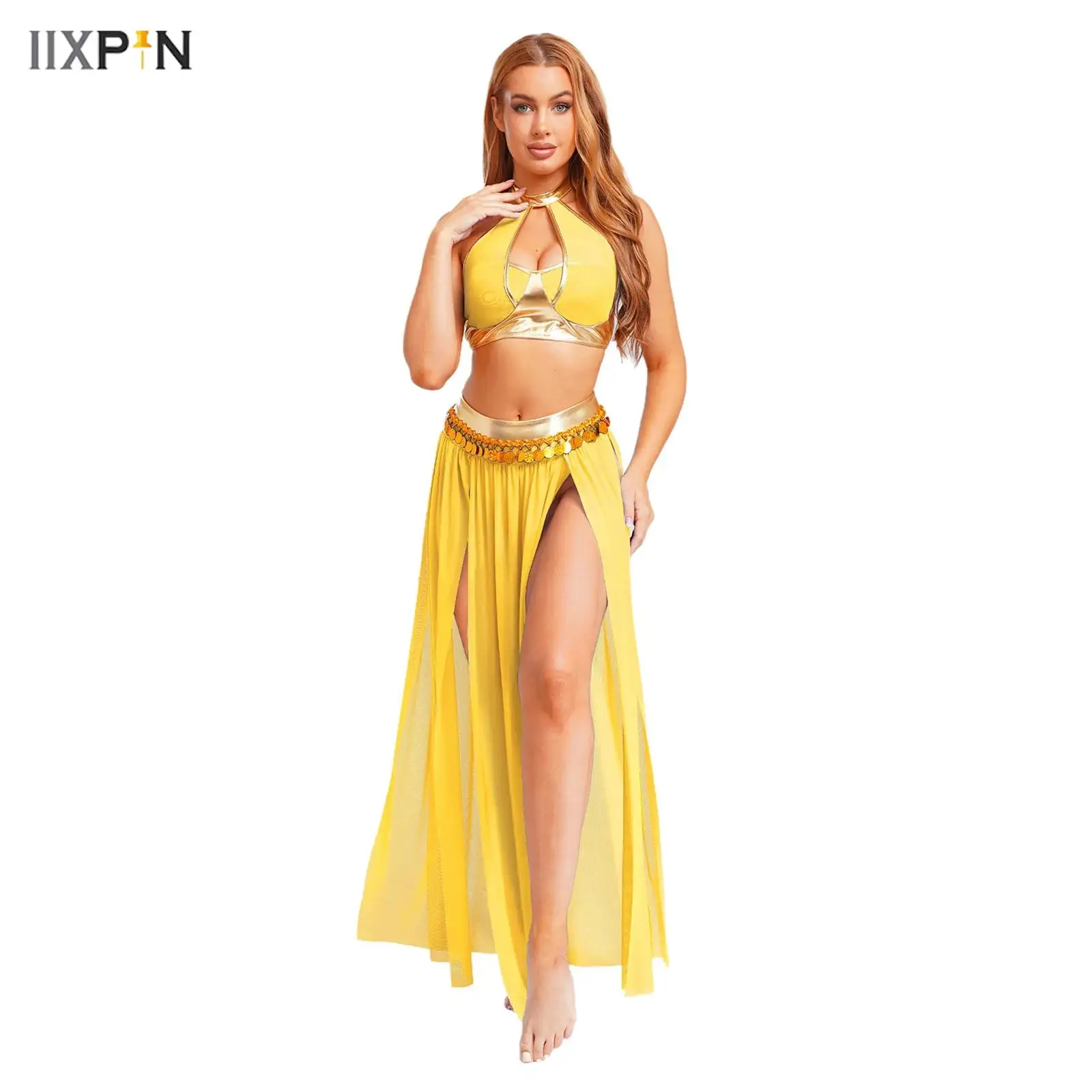 

Women Belly Dance Outfits Halloween Party Egyptian Princess Cosplay Set Halter Backless Crop Top+Sequins Tassel Split Mesh Skirt