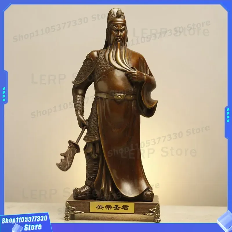 Pure Brass Guan Gong Statue Wu God of Wealth Bronze Figure Guan Yu with Big Knife Home Decor Buddhist Ornament for Office