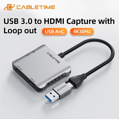 CABLETIME Captura de vídeo USB 3.0 a HDMI Captura con salida en bucle 4K@30Hz 1080P@60Hz para transmisión de medios PS5 Switch Transmisión de vídeo