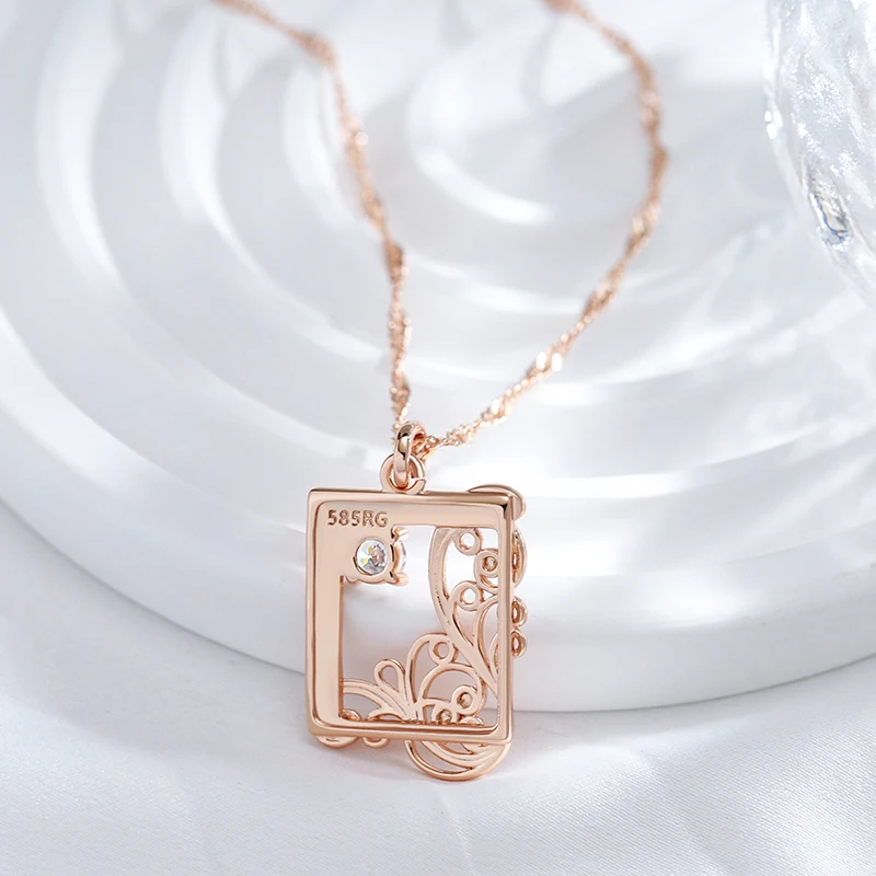 Kinel Vintage 585 Rose Gold Color Square Pendant Necklace for Women Natural Zircon Glossy Metal Ethnic Bride Trend Daily Jewelry