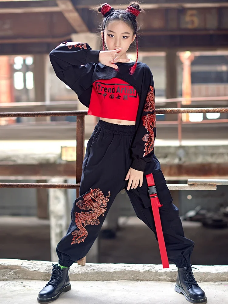 

Kids Hip Hop Clothes Girls Jazz Dance Crop Tops Black Pants Modern Kpop Outfit Ballroom Practice Wear Long Sleeves Sets BL9087
