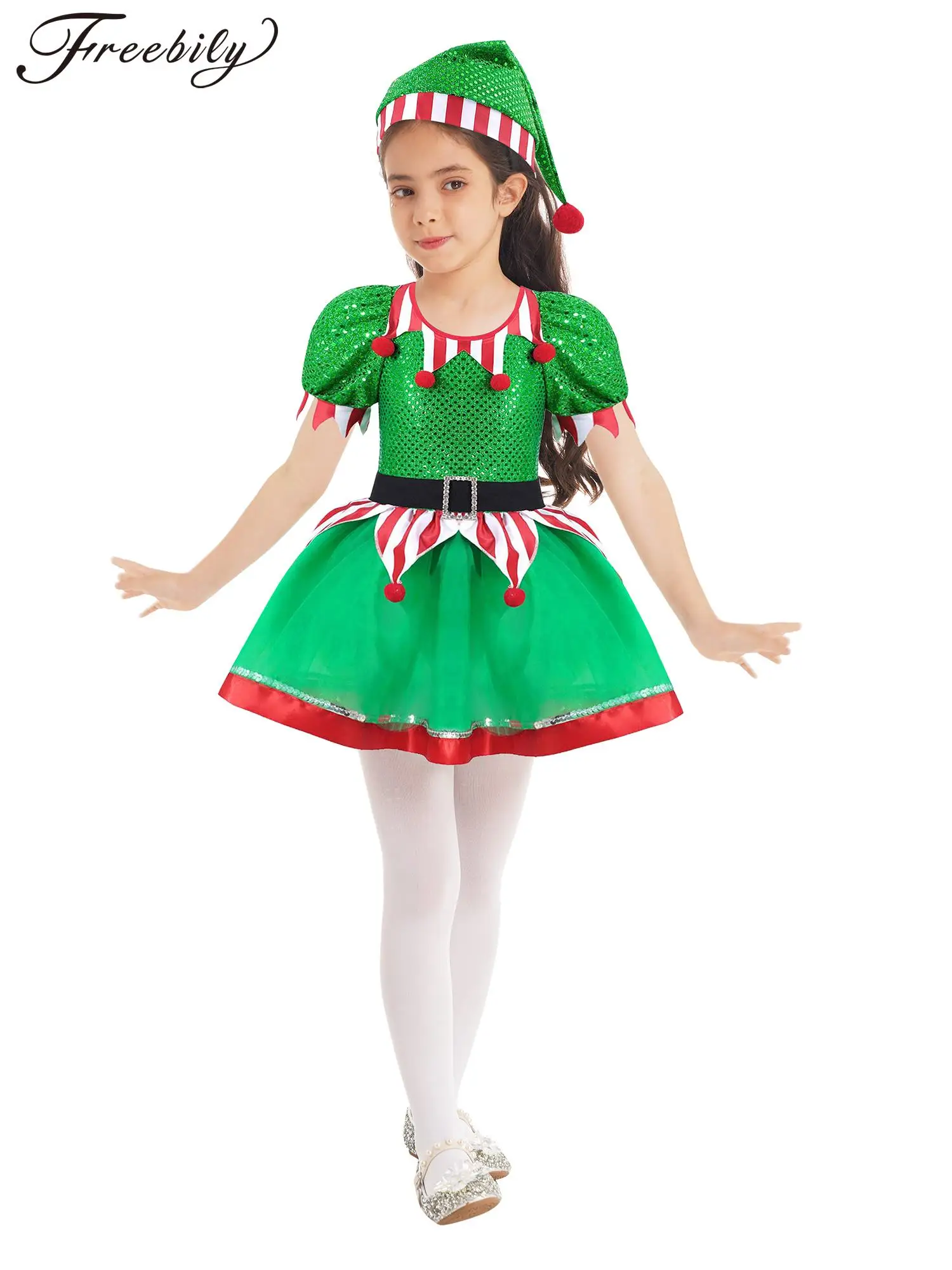 Kids Girls Christmas Elf Costume Xmas Dance Dress Sequins Pompoms Mesh Tutu with Hat for New Year Carnival Dress Up Theme Party