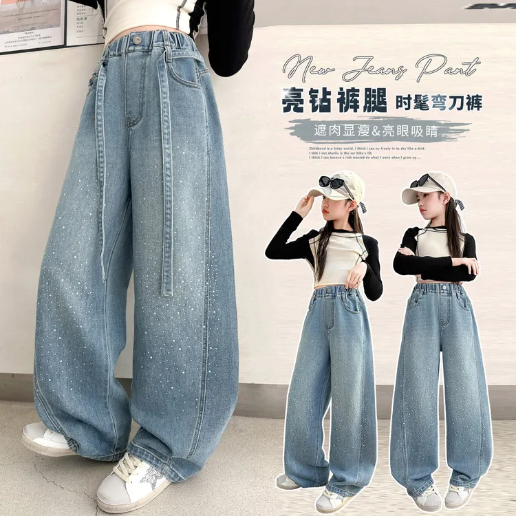 Girls Spring Curved Knife Jeans with Rhinestone Kids Wide Leg Denim Pants Autumn Fashionable Children's Stylish Style Trousers