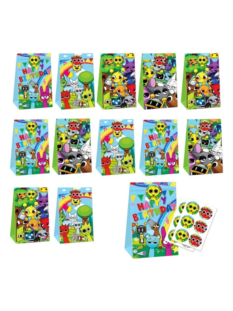 12 pièces Sprunki sac cadeau fête d'anniversaire mignon dessin animé sac à bonbons mode papier Kraft Biscuit paquet décoration fournitures enfants cadeau