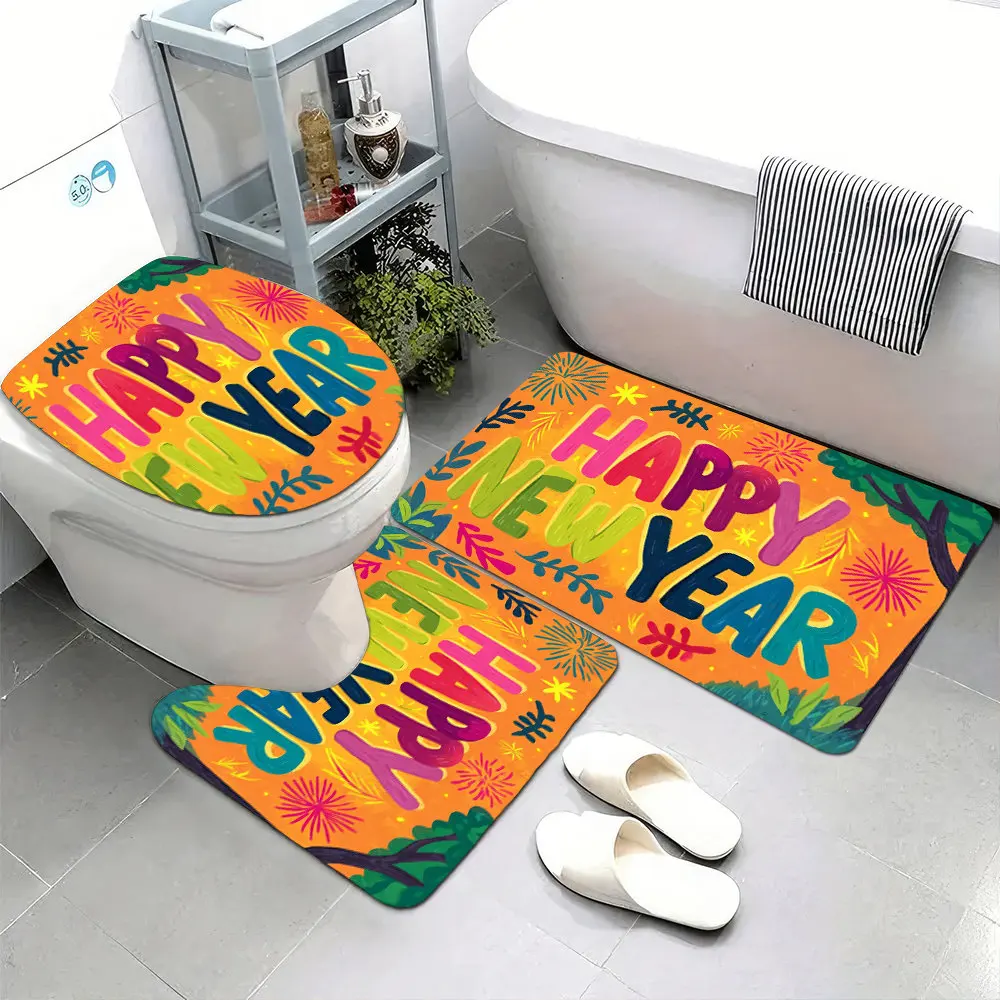 

3pcs Super Soft Bathroom Floor Mats Set, Non-slip Backing, A Vibrant And Colorful Cartoon Illustration Of The Text Happy Ne Prin