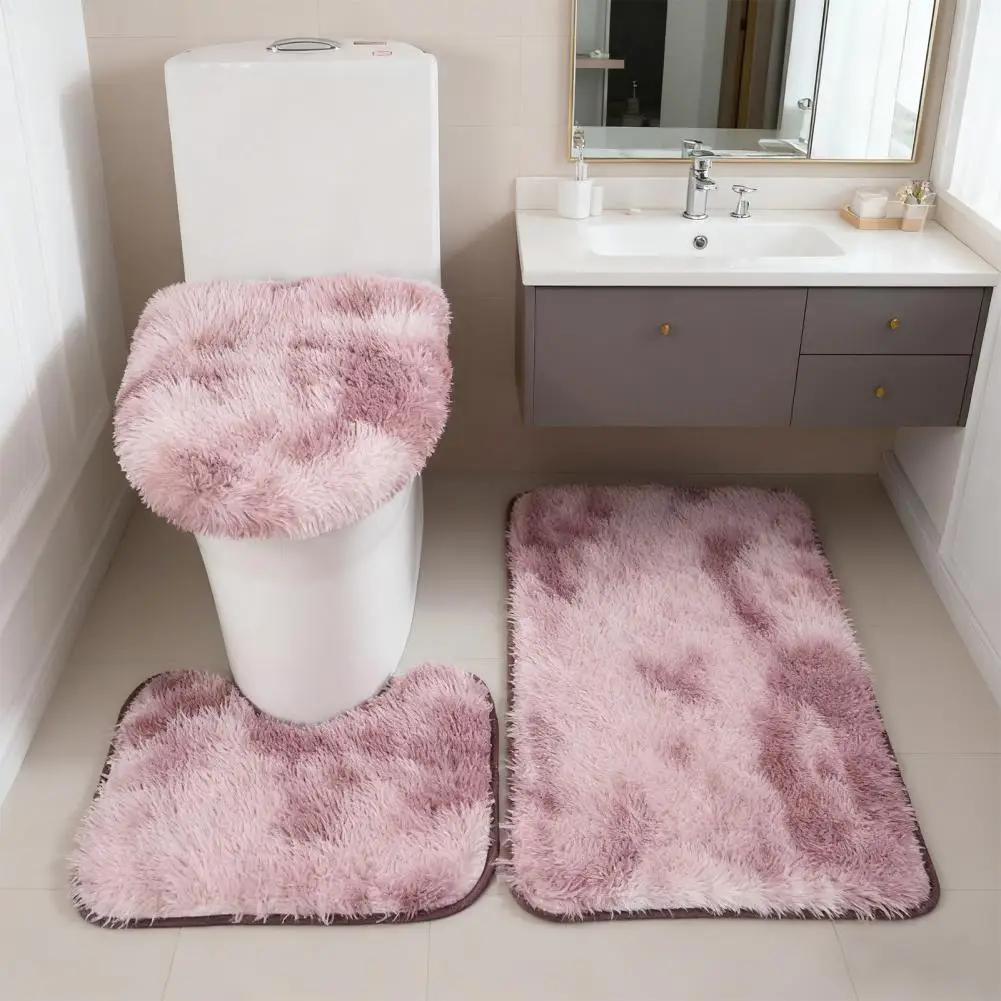 Soft Bathroom Rug 3-piece Bathroom Rug Set Absorbent Non-slip Floor Mats U-shaped Plush Toilet Lid Cover with Rubber for Shower