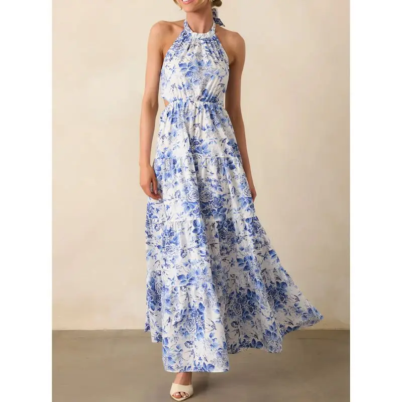 Combhasakiผู้หญิงฤดูร้อนElegantสายรัดผูกโบว์HalterคอBacklessพิมพ์ดอกไม้สูงเอวAwing A-LineชุดยาวStreetwear