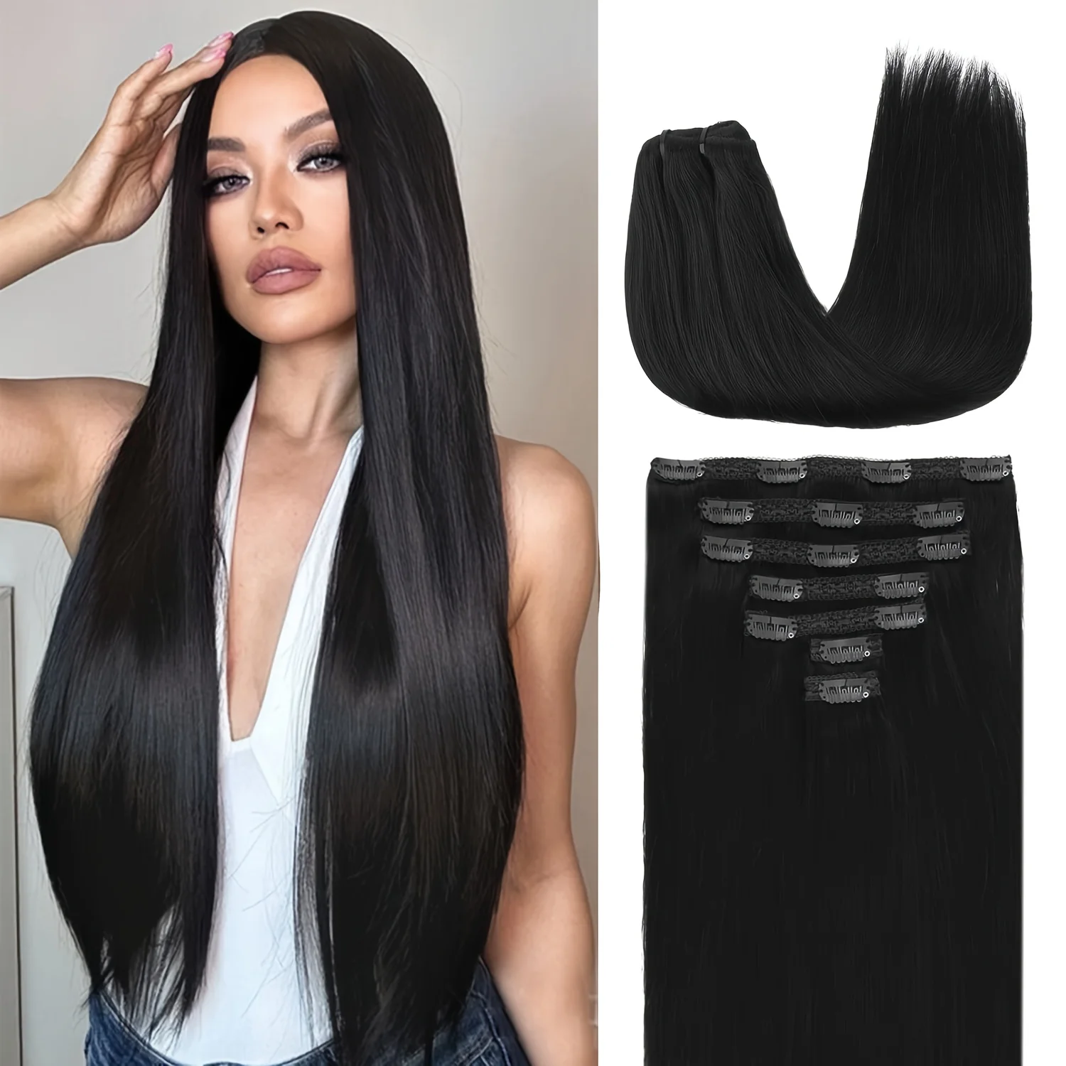 

Synthetic Natural Black Clip in Extensions Straight 20" Long Synthetic Thick Clips on Hair Piece for Women