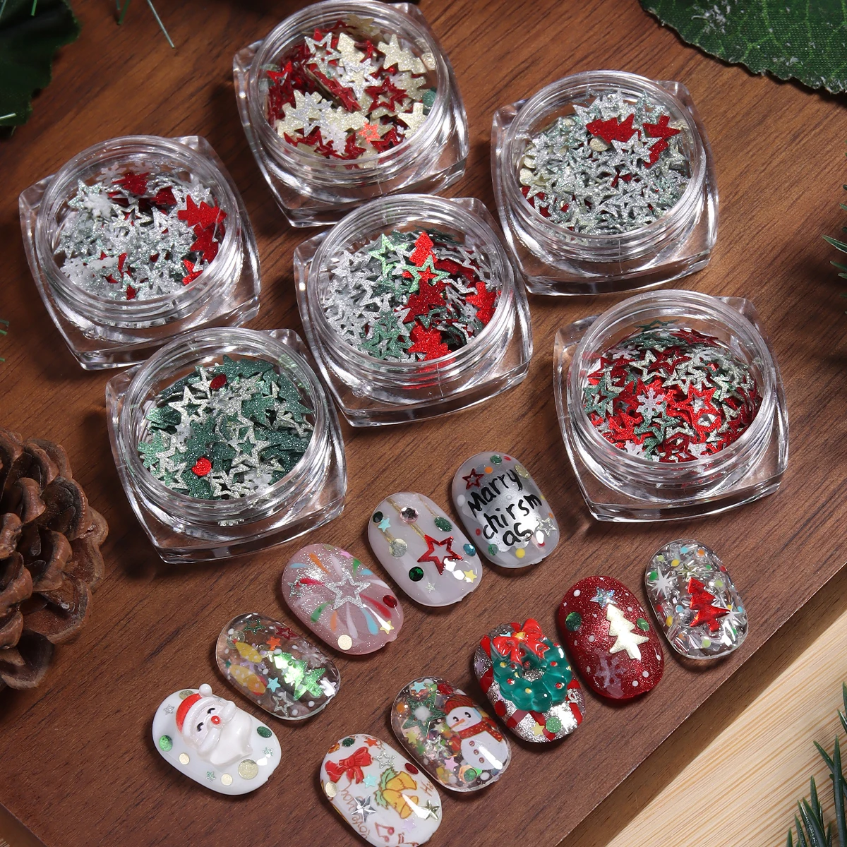 Christmas Nail Art Sequins, Red Green Silver Mixed Tree Star Dot Glitter Flakes Nail Decor, DIY Nail Salon Accessories