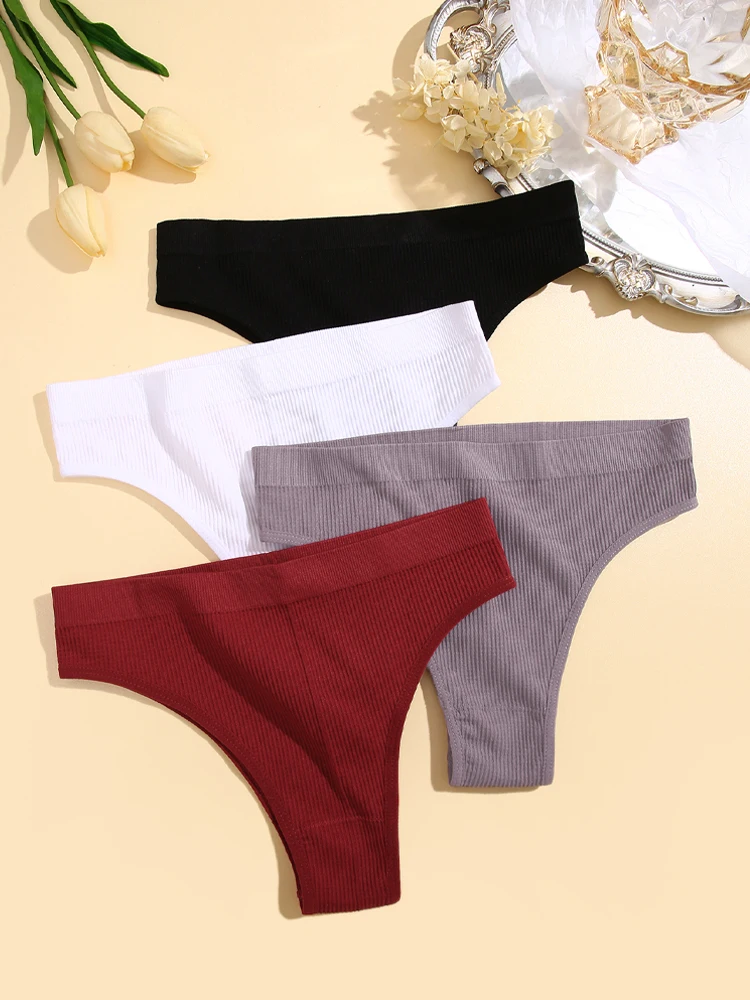 FINETOO 5PCS Seamless Ribbed Striped Underwear For Women Sexy Low-Waist Brazilian Panties Female Solid G-String Lingerie S-XL