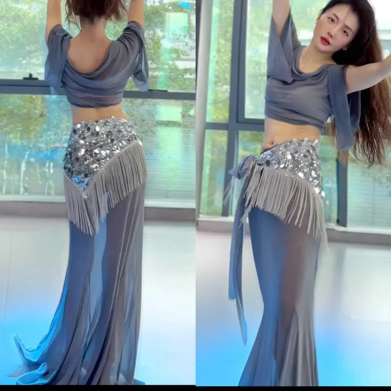 Bellydance 의상 연습 복장 3 피스 탑 스커트 술 엉덩이 스카프 세트에 대한 맞춤형 하이 엔드 플러스 사이즈 성능 세트