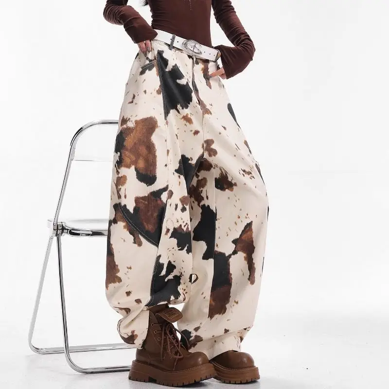 

Американские джинсы с коровьим принтом для женщин, весенне-осенний дизайн, повседневные широкие брюки для пар.