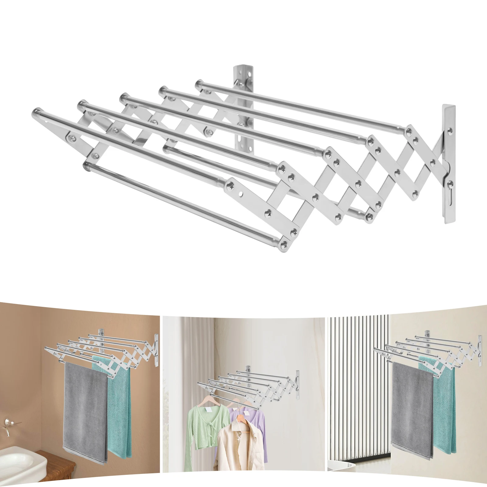 

Wall Mounted Laundry Drying Rack with 7 Drying Rods, 201 Stainless Steel Clothes Hanger Rack, Retractable Clothes Rack