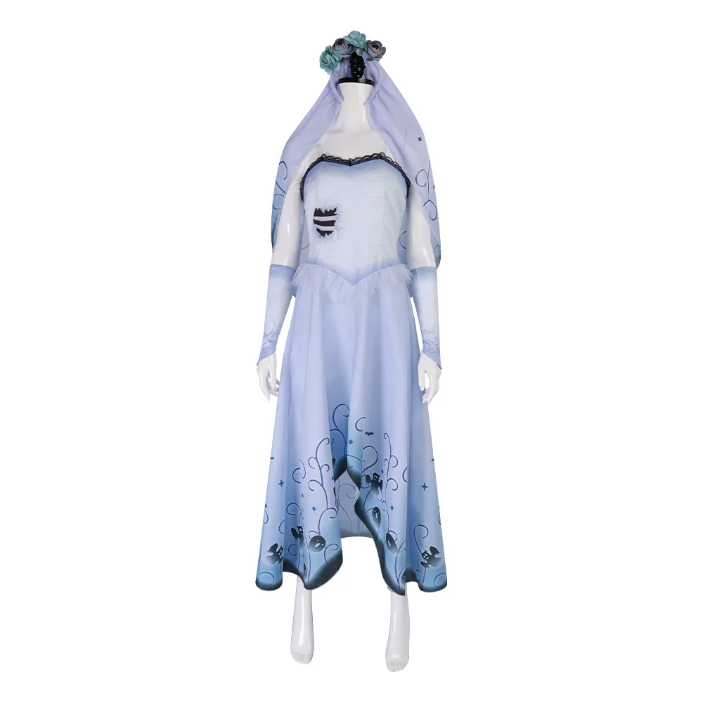 

Corpse Masquerade Bride Emily Cosplay Fancy Dress Costume Halloween Veil Zombie Ghost Gothic Printed Long Dress Women Girls Suit