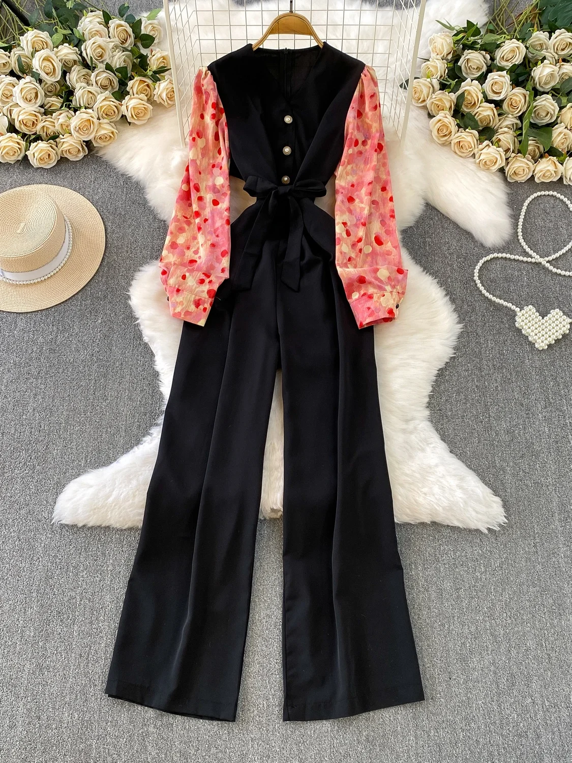 

Ele с цветочным принтом и разрезом Long Sve V-Ne, женские цельные осенние утягивающие брюки с высокой талией и широкими штанинами для поездок на работу