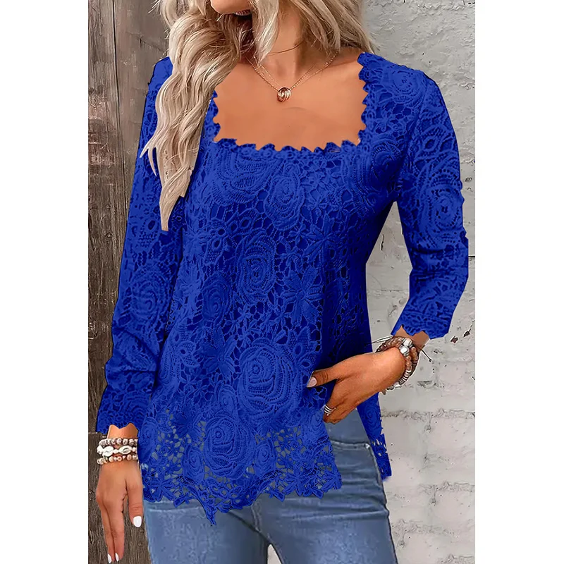 Women Square Neck Lace Shirt Autumn Winter Comfortable Casual Commuter Pullover Blouse Elegant Female Solid Color Bottoming Tops