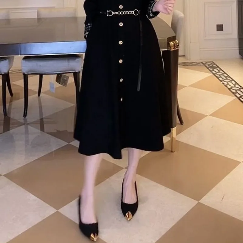 Spring and Autumn Women\'s Pullover Square Neck Long Sleeve Solid Button Plaid Pocket Long Dresses Fashion Casual Elegant Dresses