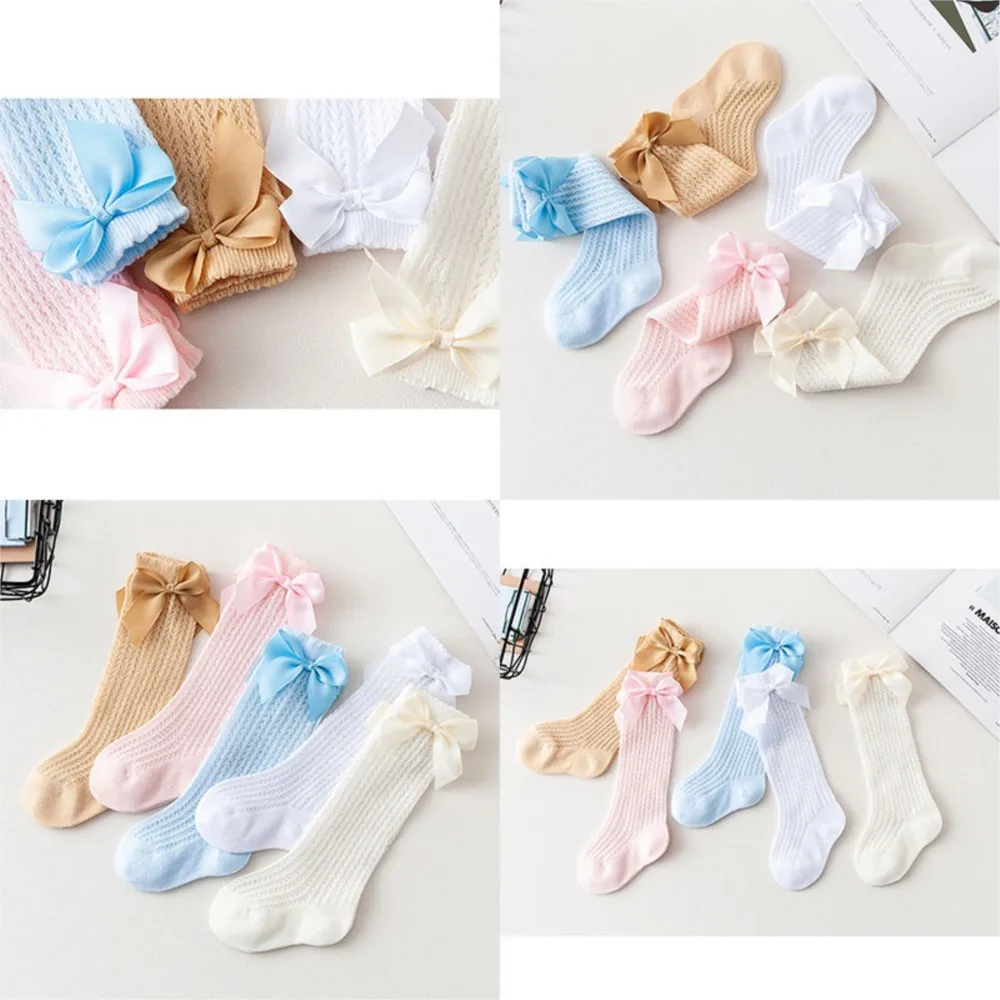 Baby Girl Socks Knee high Bow Baby Summer Mesh Breathable Long Socks Pure Color  Knee-high Sock With Bowknot Infant