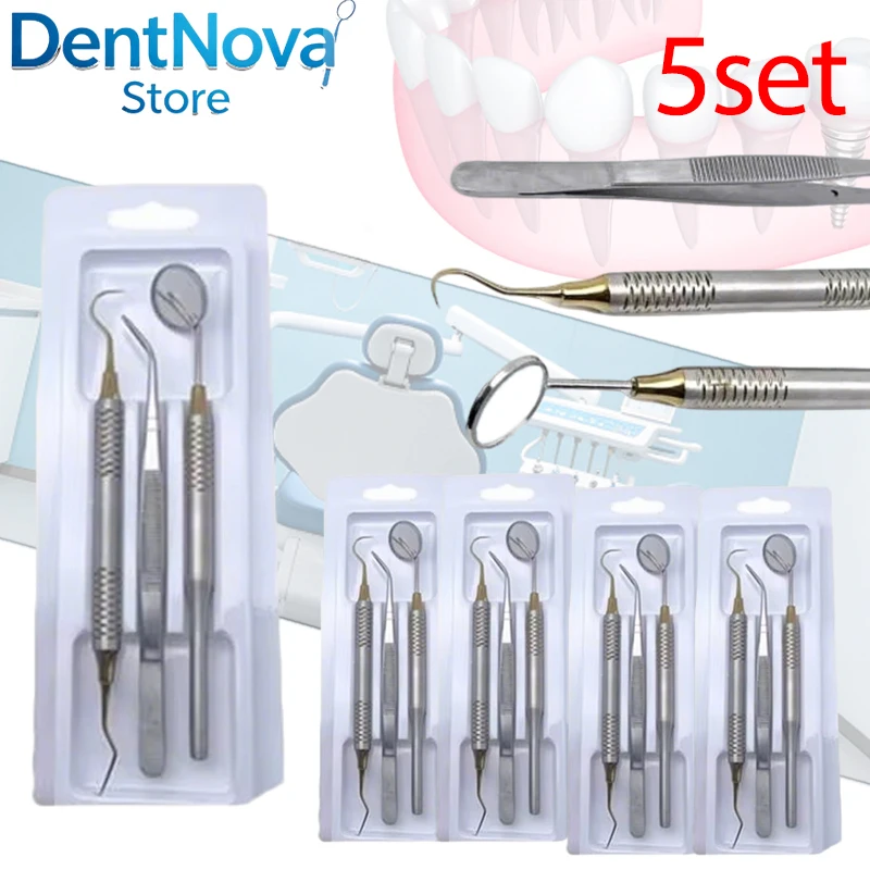 

5set Dental Stainless Steel Set for Teeth Scaling Dentist Clinic Oral Care Mirror Probe Tweezers Kit